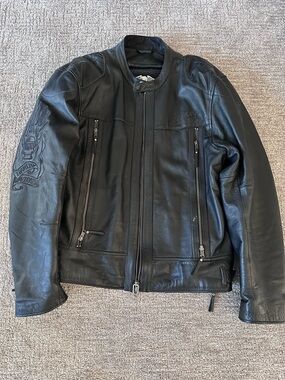Harley-Davidson Black Leather Bomber Jacket with Embossed Sleeve Detail